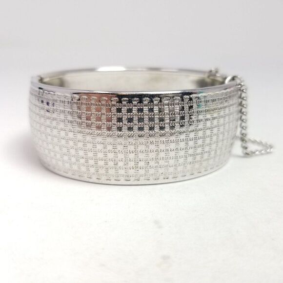 Vintage Wide Silver Tone Bangle Bracelet with Micro Square Design, Retro Hinged - Picture 7 of 7